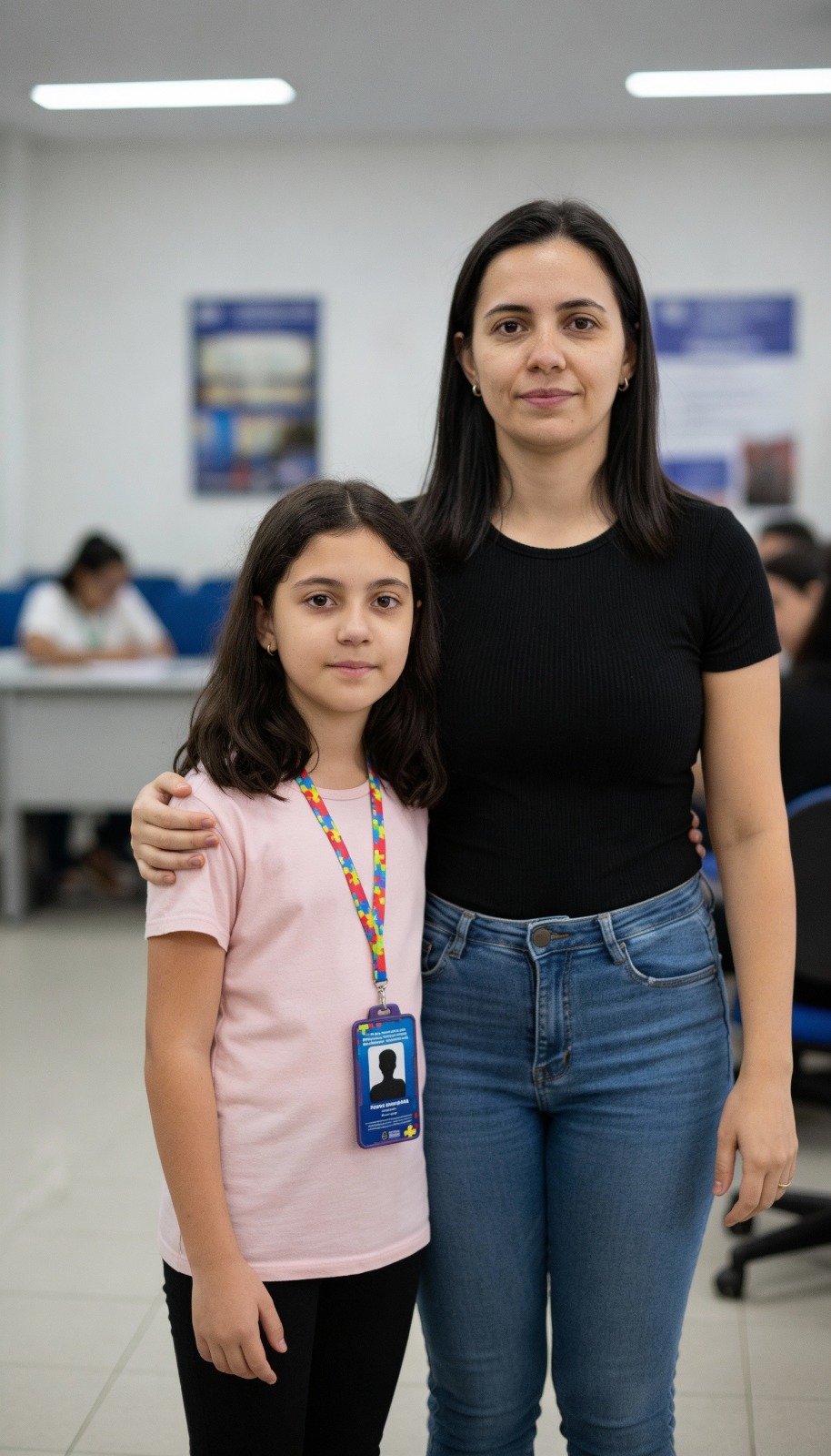 Mãe abraçando sua filha que usa cordão de autismo
